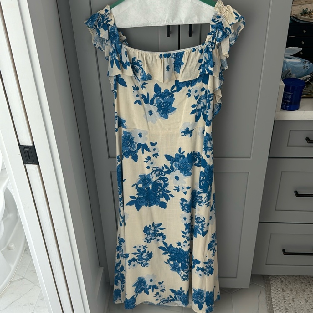 Blue and cream floral midi dress